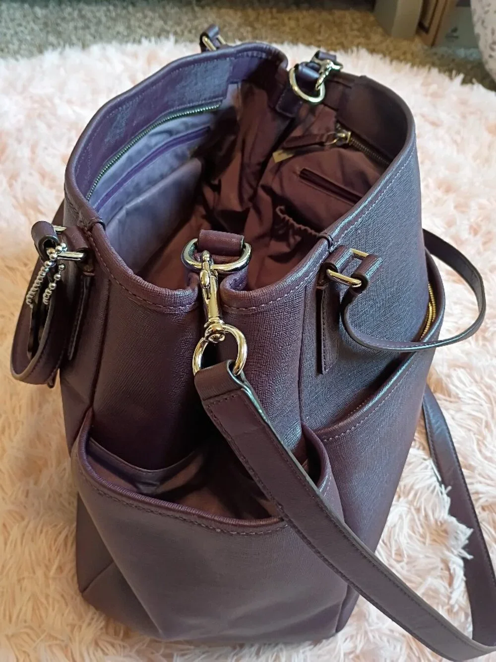 Coach Purple Saffiano Leather Diaper Tote Bag